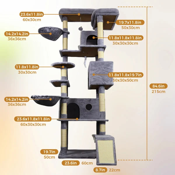 84.6 In Dark Gray Cat Tree Tower With Wide Base, 3 Large Hinding Condo, 11 Sisal Scratching Post, Sisal Scratching Ladder, 2 Hammocks, Large Top Platform, Many Landing Perch And Interactive Toy