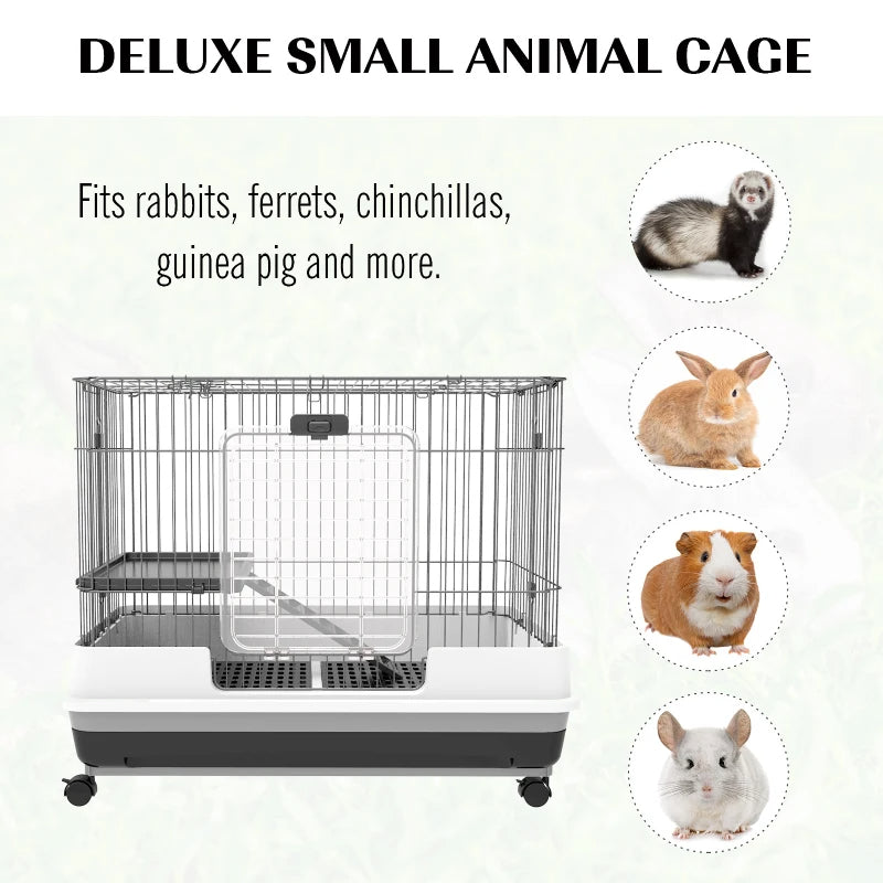 PawHut 2-Level Small Animal Cage Rabbit Hutch With Wheels, Removable Tray, Platform And Ramp For Bunny, Chinchillas, Ferret, Black