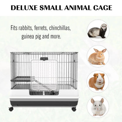 PawHut 2-Level Small Animal Cage Rabbit Hutch With Wheels, Removable Tray, Platform And Ramp For Bunny, Chinchillas, Ferret, Black