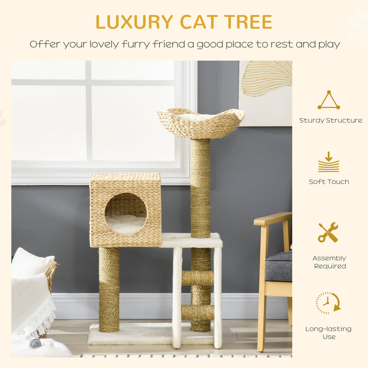 Cattail Weave Cat Tree for Indoor Cats Kitty Tower with Rattan Cat Condo, Wicker Bed, Ladder, Washable Cushions, 22.5" x 14.5" x 39.5", Natural