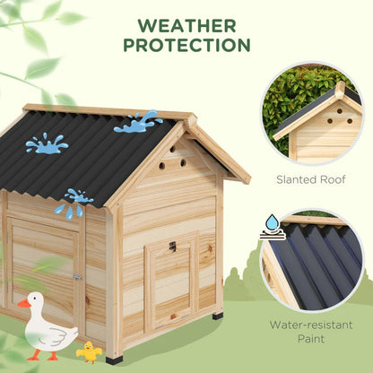 Duck Coop, Wooden Duck House With Openable Roof & Double Doors, Natural Wood