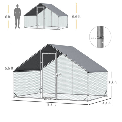 Large Chicken Coop Metal Chicken Run with Waterproof and Anti-UV Cover, Spire Shaped Walk in Fence Cage Hen House for Outdoor and Yard Farm Use, 1" Tube Diameter, 9.8 x 6.6 x 6.6