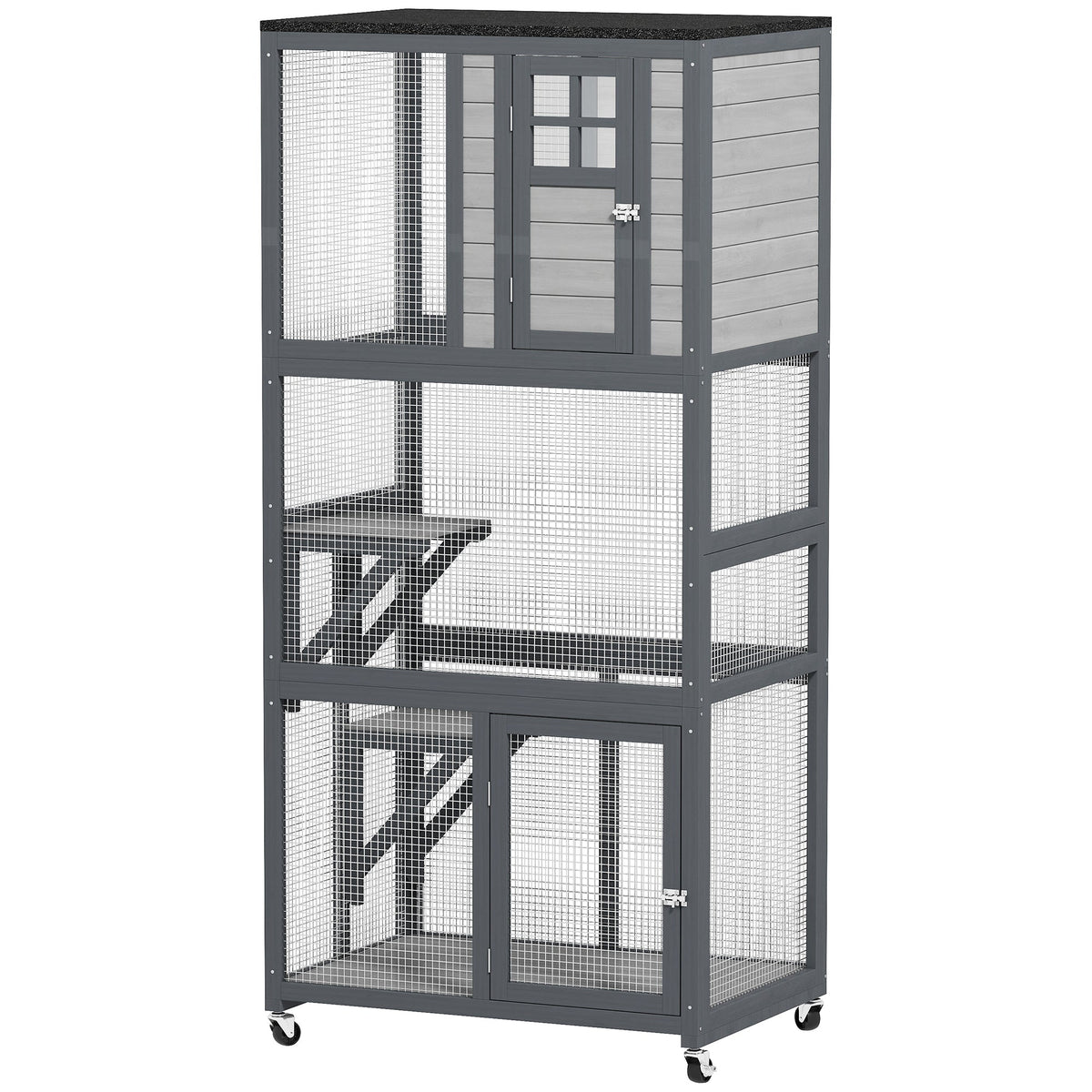74" Wooden Outdoor Cat House Catio with High Weight Capacity, Cat Cage Condo, Dark Gray