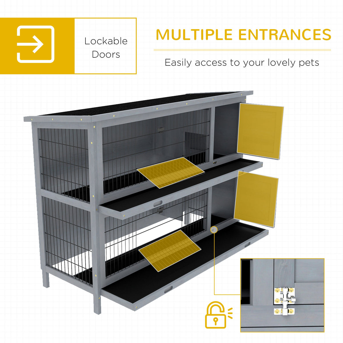 54" 2-Story Large Rabbit Hutch Bunny Cage Wooden Pet House Small Animal Habitat with Lockable Doors, No Leak Tray and waterproof Roof for Rabbits, Chickens, Ducks, Outdoor/Indoor Gray