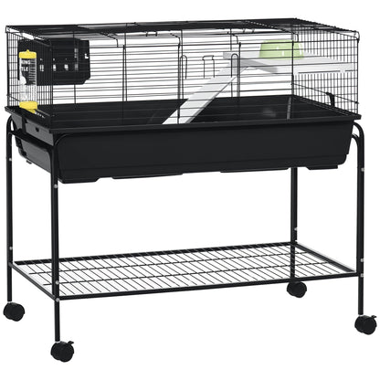 Two-Story Small Animal Cage Removable from Stand, Guinea Pig Cage with Shelf & Wheels, Pet Habitat for Hedgehog, Chinchilla, Ferret, 39" x 20.5" x 36.5", Black