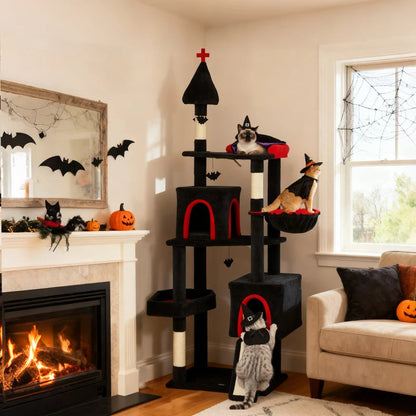 Gothic Cat Tree, Cat Tower With Coffin Bed, 2 Spacious Condos, Sisal Scratching Posts, Bat Hanging Balls, Halloween
