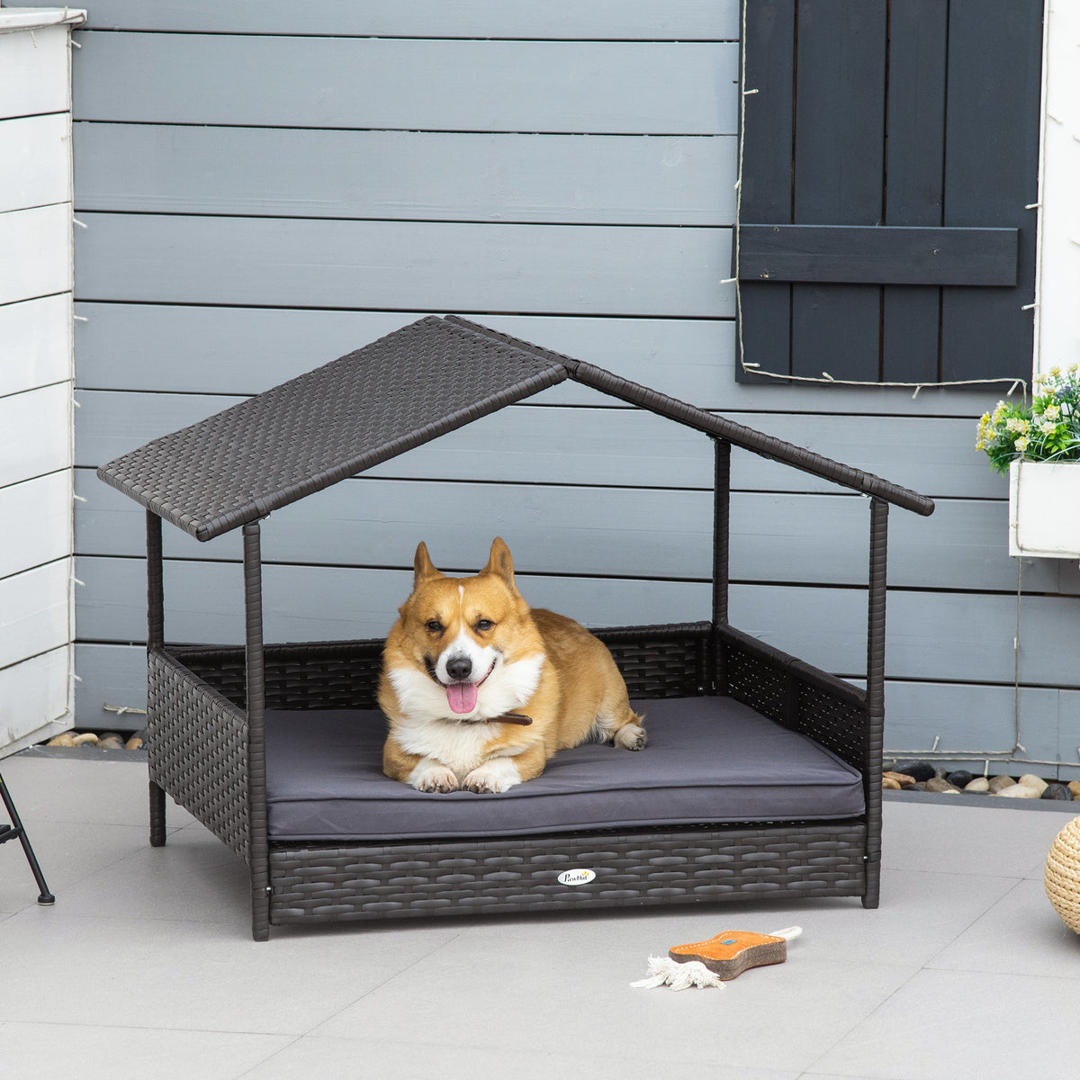 Wicker Dog House Outdoor with Canopy, Rattan Dog Bed with Water-resistant Cushion, Raised Pet Bed for Small, Medium Breeds up to 66 lbs, 20" in Length, Brown Wicker, Gray Cushion