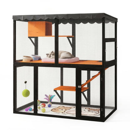 Wooden Catio Outdoor Cat Enclosure Large Cat House For Mulitiple Cats Walk ,Indoor 4 Tier Cat Enclosures House , Outdoor Cat Catio With Waterproof Cover,Ramp