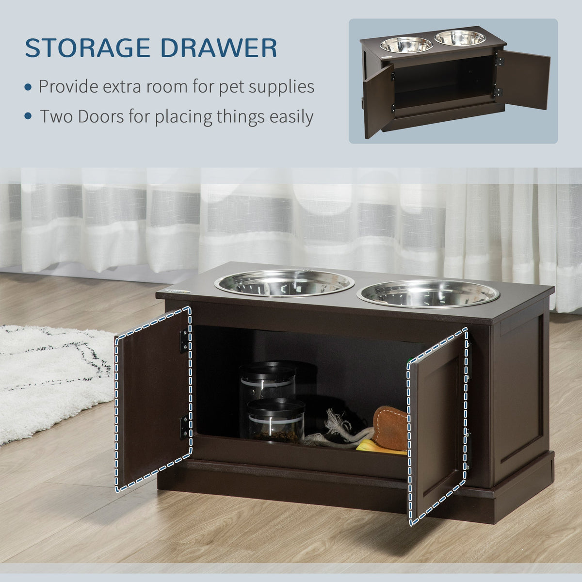 Elevated Dog Bowls with Storage, Two Stainless Steel Bowls for Large Dogs, Coffee