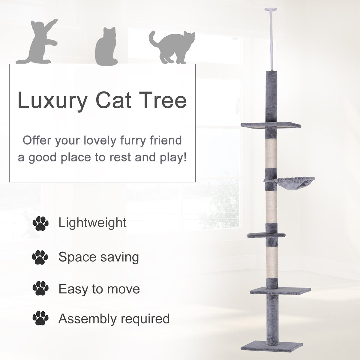 102" Adjustable Height Floor to Ceiling Cat Tree, 5 Level Cat Tower with Scratching Posts, Hammock, Gray