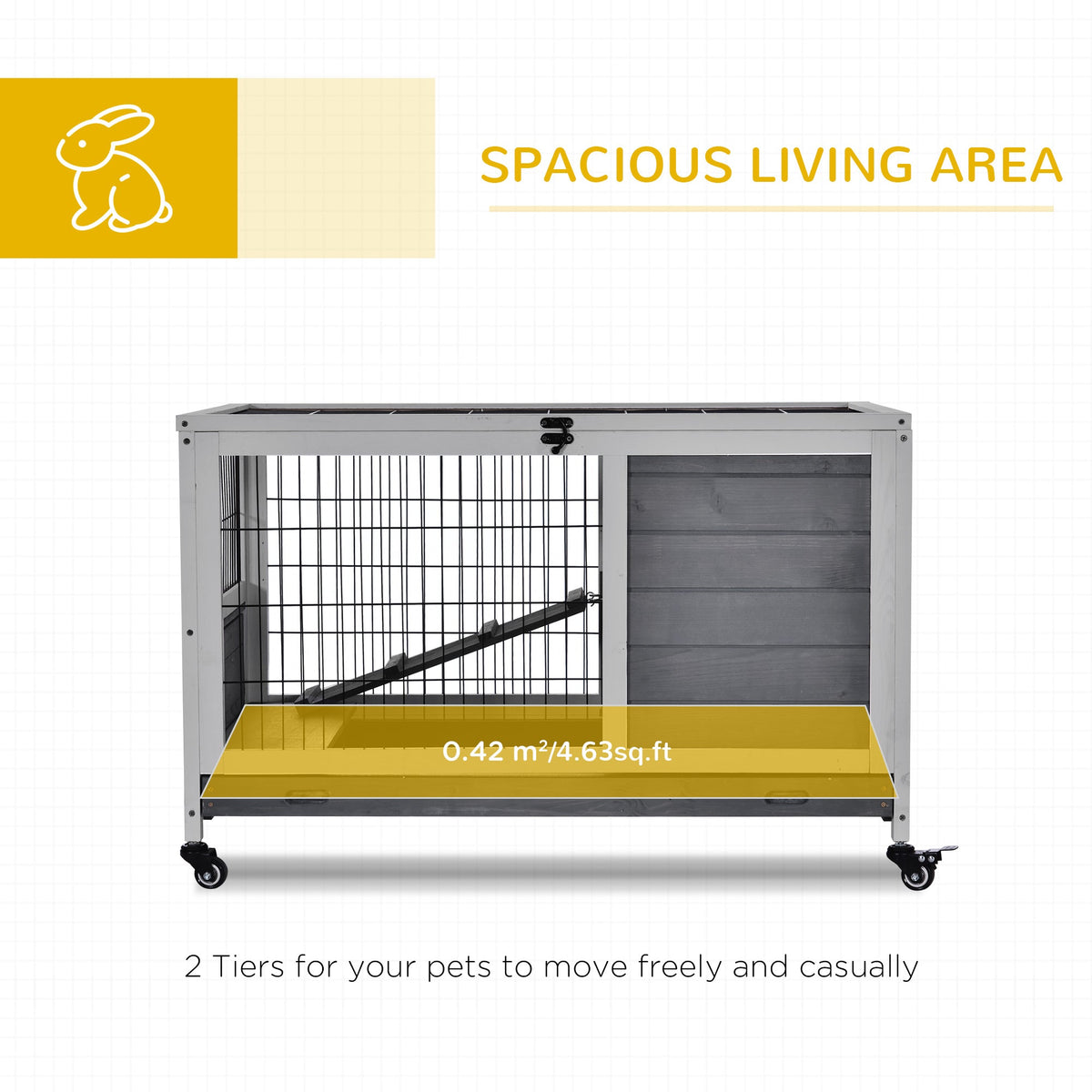 Indoor Rabbit Enclosure, Wooden Elevated Cage Habitat with Enclosed Run with Wheels - Ideal for Rabbits and Guinea Pigs