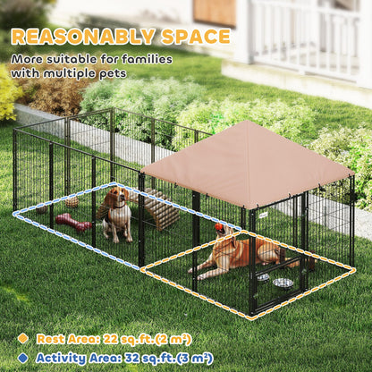Large Outdoor Dog Kennel with Rotating & Adjustable Height Bowls, Waterproof & UV-Resistant Canopy, 11.3' x 4.7' x 5.1'