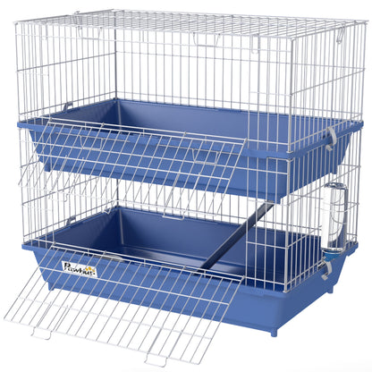 2-Tier Guinea Pig Cage, Ferret Cage, Chinchilla Cage, Small Animal Cage Indoor with Dish and Bottle, 2 Doors, Deep Bottoms, Ramp, 28", Blue