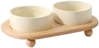 Ceramic Elevated Cat Food and Water Bowl, Kitty Bowl, Raised Cat Dish, Pet Feeder (5.1 in, 2 x Beige + Stand)