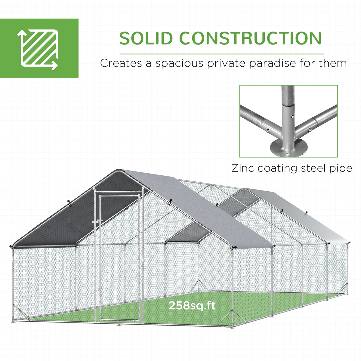 Large Chicken Coop Metal Chicken Run with Waterproof and Anti-UV Cover, Spire Shaped Walk in Fence Cage Hen House for Outdoor and Yard Farm Use, 1" Tube Diameter, 9.8 x 26.2 x 6.6