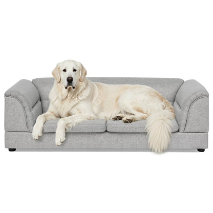 Oversized Pet Sofa, Curved Armrest Rectangular Dog Sofa, Linen Fabric Comfort Pet Couch for Large & Oversized Dogs-LIGHT GREYX