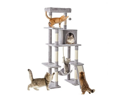 63-inch Cat Tree Tower, Large Multi-story Cat Climbing Tower, Natural Sisal Grabber Posts, Extended Platform, Hammock