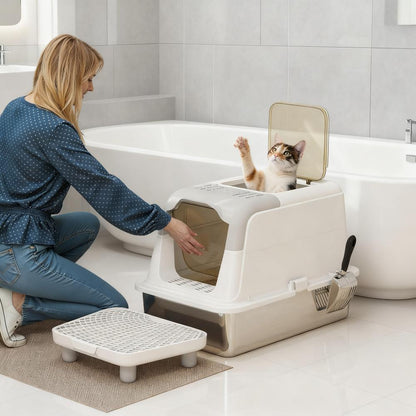 Cat Litter Box, Enclosed Cat Litter Box With Scoop, Deodorizer Bag