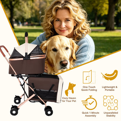 3-in-1 Double Pet Stroller For Small Medium Dogs Cats, Foldable Frame Convertible Pet Carrier Tote, Shockproof Wheels With Brake System, Dual Fixed Safety Leashes For Multi-Pet Households