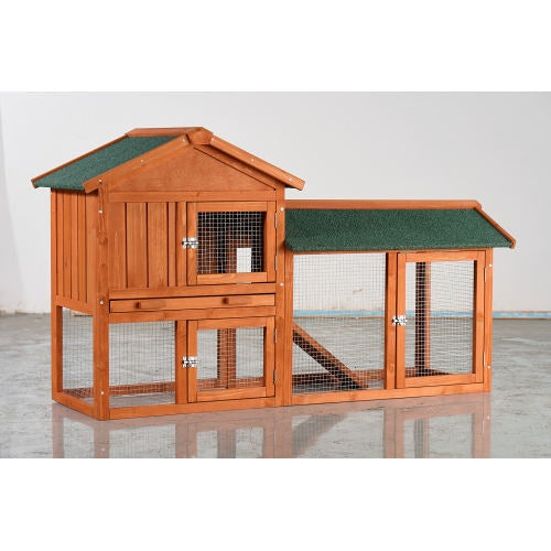 Large Wooden Rabbit Hutch, 2 Story Outdoor Bunny Cage With Waterproof Asphalt Roof, Pull-Out Tray  Ramp, Fir Wood Pet House For Rabbits, Chickens, Guinea Pigs Brown  Green
