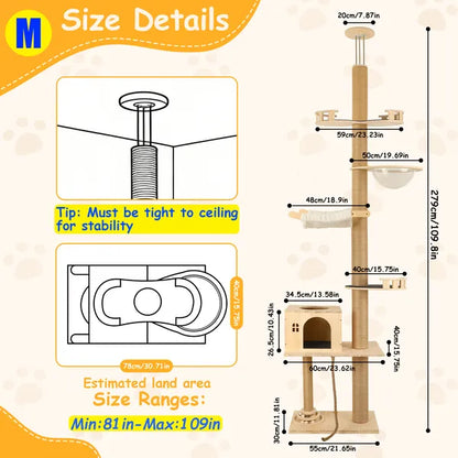 Floor To Ceiling Cat Tree, 6 Level Adjustable Height Climbing Tower With Thickened Scratching Posts, Cats Activity Center With Transparent Capsule And Cozy Hammock