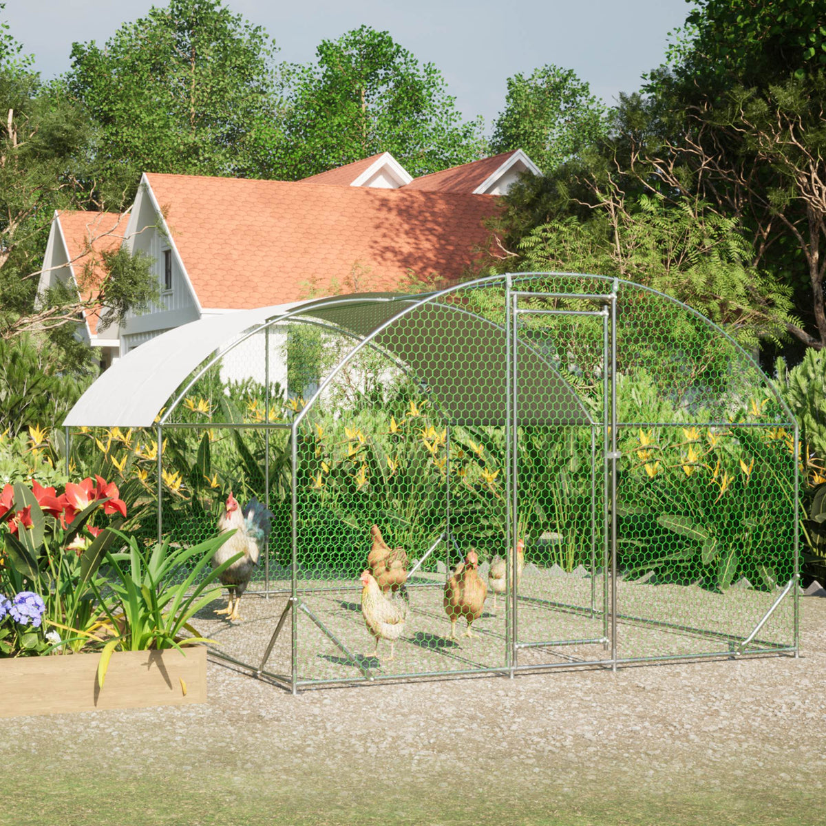 Large Chicken Coop Metal Chicken Run With Waterproof And Anti-UV Cover, Dome Shaped Walk-in Fence Cage Hen House For Outdoor And Yard Farm Use,9.84 X 13.12 X 6.56 Ft