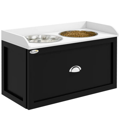 PawHut Pet Feeding Station Pet Dish Bowl Set With Storage, 2 Elevated Dog Bowls For Large Sized Dogs, White And Black