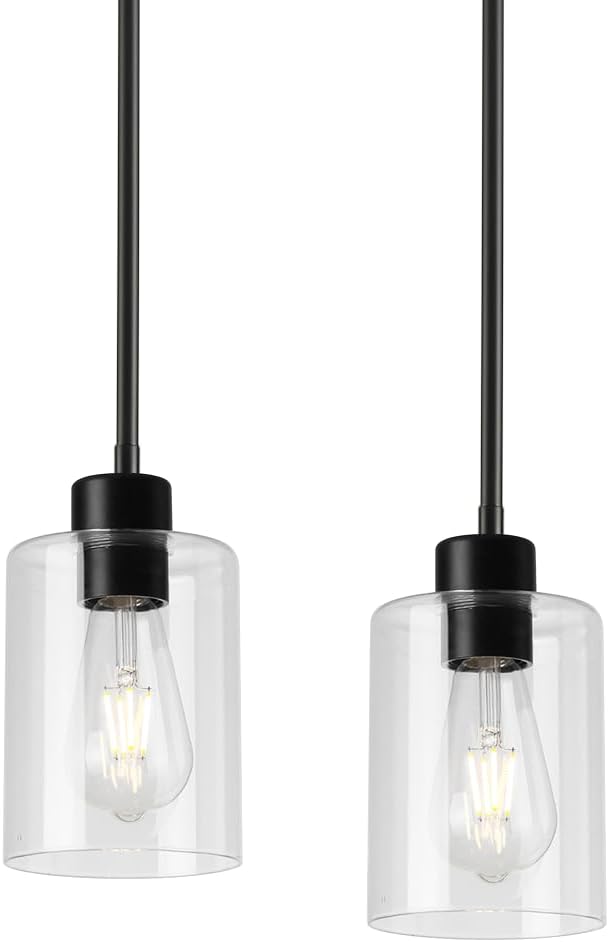 Black Pendant Lights Kitchen Island,Modern Farmhouse Glass Pendant Light,Light Fixture Kitchen Pendant Mini Hanging Light Fixture for Sink (Black 2 Pack Stem Rod)