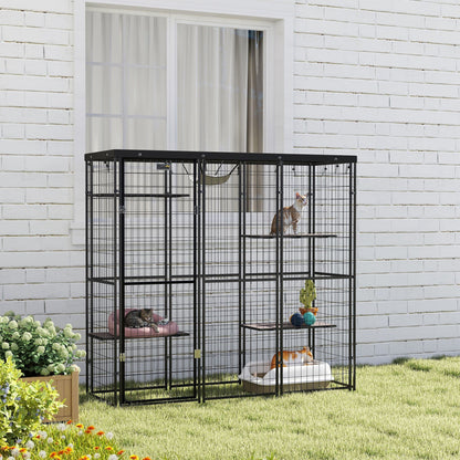 Weld Wire Catio Outdoor Indoor with Waterproof Cover, 4 Jumping Platforms, Hammock, for 1-3 Kittens, 69" x 22" x 62"