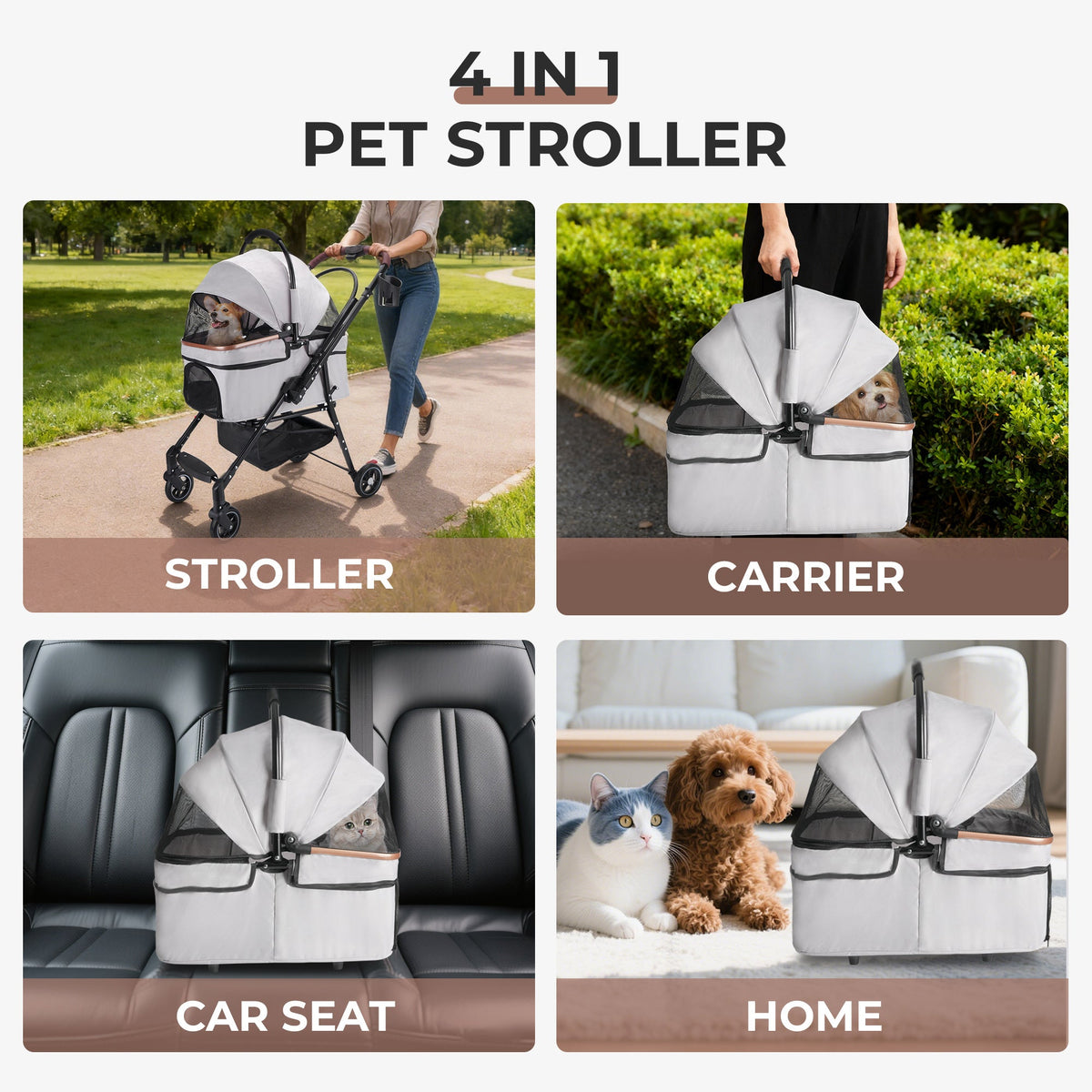 4-Wheel Foldable Pet Stroller for Dogs & Cats  360° Rotating Wheels, Separable Carrier & Travel Bag for Small Animals