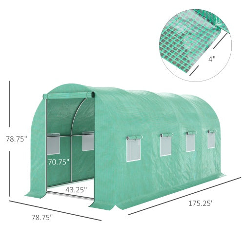 Outsunny 15x 7x 6.5 Walk-in Tunnel Hoop Greenhouse, Green House With Polyethylene PE Cover, Steel Frame, Roll-Up Zipper Door & Windows For Flowers, Vegetables, Tropical Plants, Green