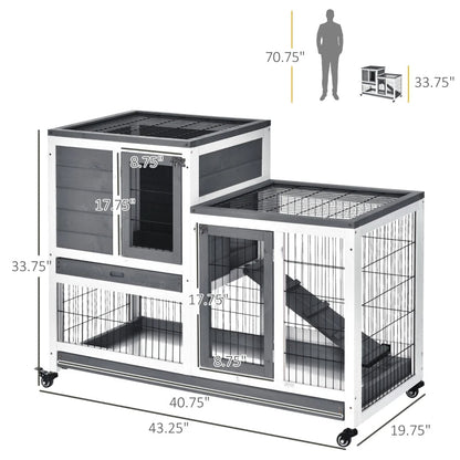 Wooden Rabbit Hutch Elevated Bunny Cage Indoor Small Animal Habitat With Enclosed Run With Wheels, Ramp, Removable Tray For Rabbits, Chickens, Ducks, Guinea Pigs, Gray