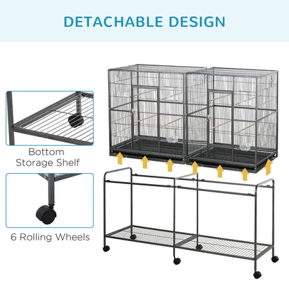 Rolling 65"L Bird Cage w/ Storage Shelf Wood Perch Food Container