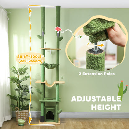 89"-100" Floor to Ceiling Cat Tree, Cat Climbing Tower with Grooming Brush Post, Cat Condo, Hammock, Green