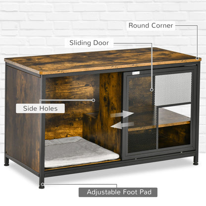 Wooden Cat Crate, Furniture Style Dog Cage, Puppy Kennel Indoor, End Table Pet House with Cushion and Sliding Doors, Rustic Brown