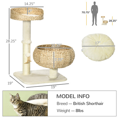 28" Elevated Cat Bed with Sisal Scratching Post for Indoor Kitties, Modern Cat Tree with Cute Basket Design, Small Cat Tree with Fun Ball Toy