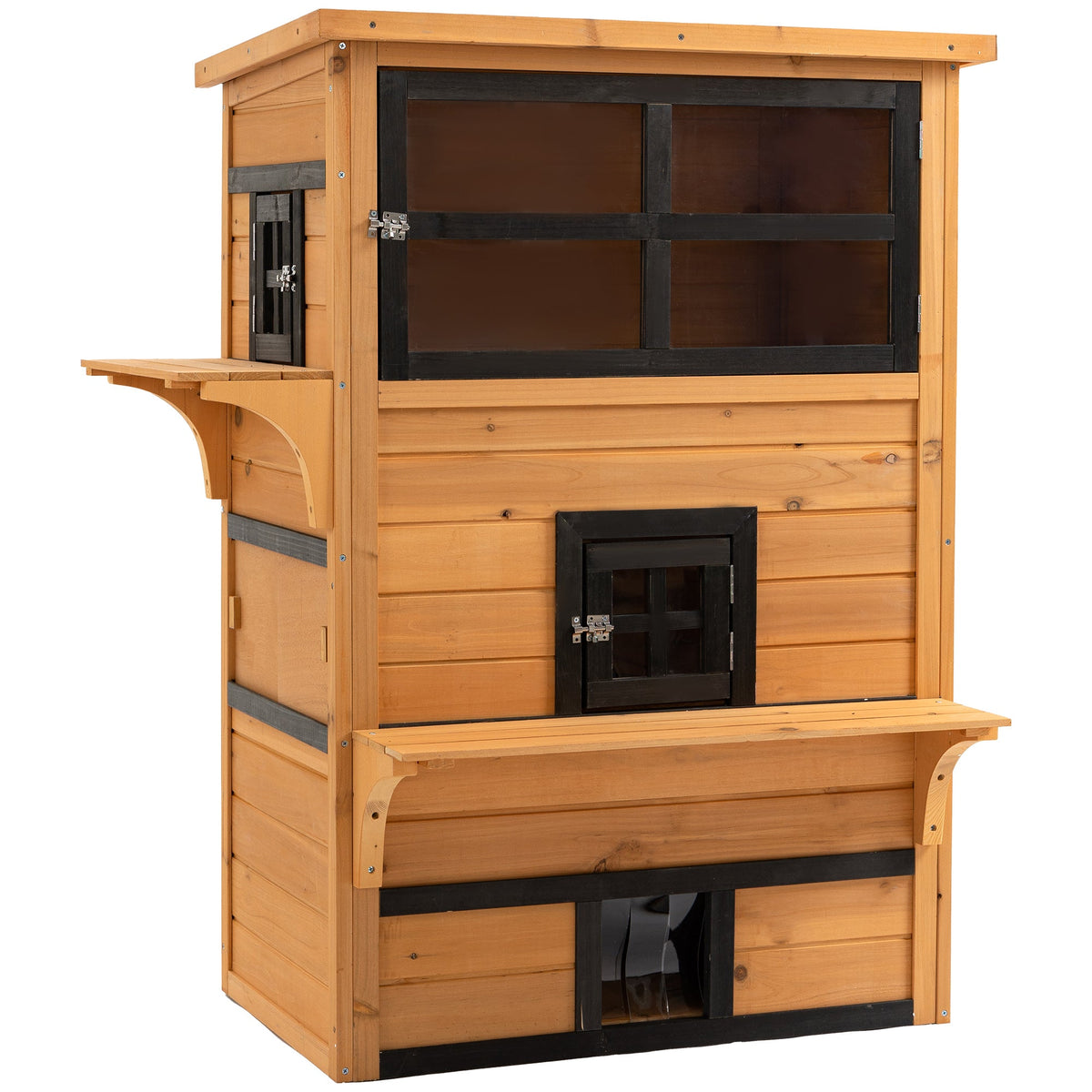 Outdoor Cat House, 3-Tier Kitty Shelter with 5 Escape Doors, Weather Resistant, Yellow & Black