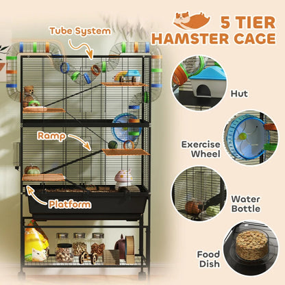 PawHut 5 Tier Hamster Cage, Rolling Rat Cage With Deep Tray, Storage Shelf, Big Exercise Wheel, Hut, Tube System