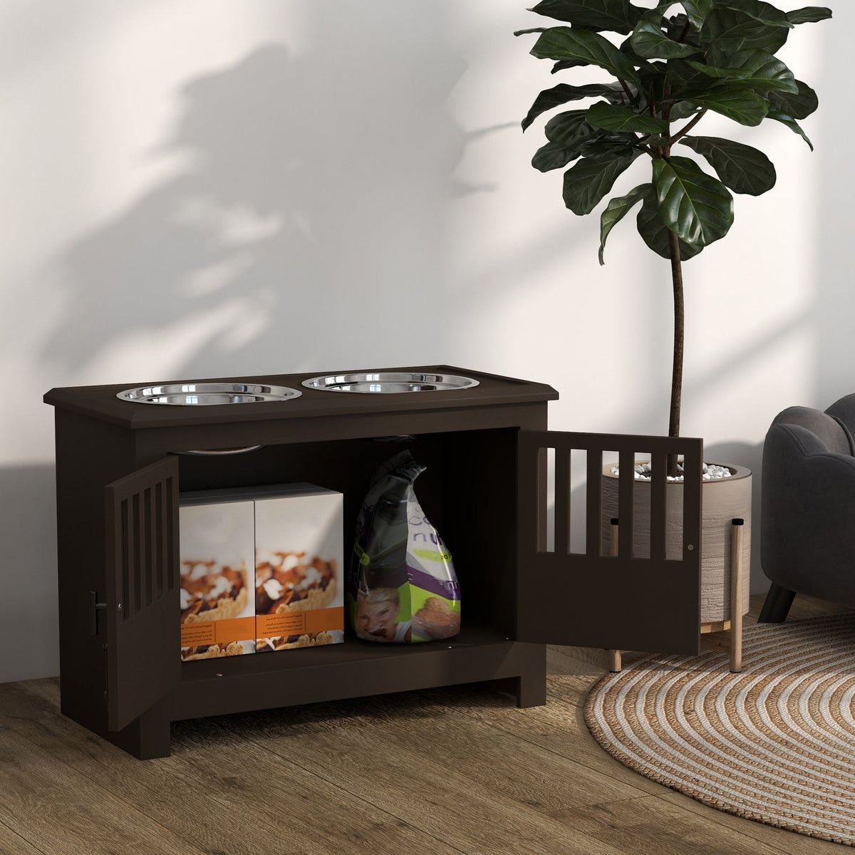 Dog Food Storage Cabinet with Bowls & Dog Feeding Station, Espresso