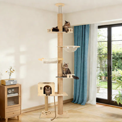 Floor To Ceiling Cat Tree, 6 Level Adjustable Height Climbing Tower With Thickened Scratching Posts, Cats Activity Center With Transparent Capsule And Cozy Hammock