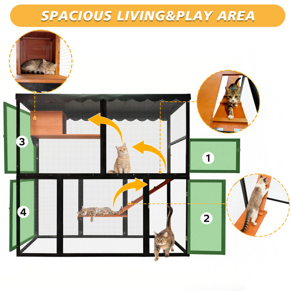 Wooden Catio Outdoor Cat Enclosure Large Cat House For Mulitiple Cats Walk ,Indoor 4 Tier Cat Enclosures House , Outdoor Cat Catio With Waterproof Cover,Ramp