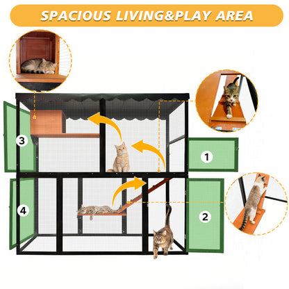 Wooden Catio Outdoor Cat Enclosure Large Cat House For Mulitiple Cats Walk ,Indoor 4 Tier Cat Enclosures House , Outdoor Cat Catio With Waterproof Cover,Ramp