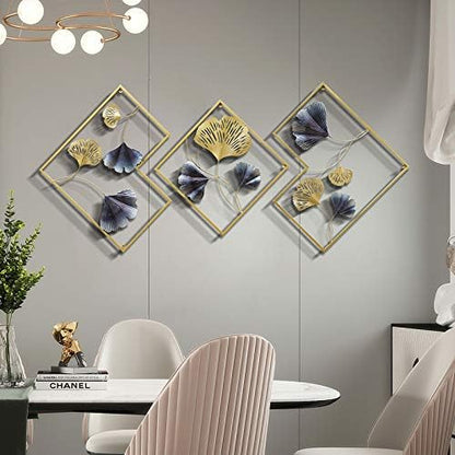 MKUN Iron Wall Sculptures - Set of 3 Diamond shaped Metal Wall Decor with Gingko Biloba Art Great for Home Hotel Decoration(Gold&Gray)