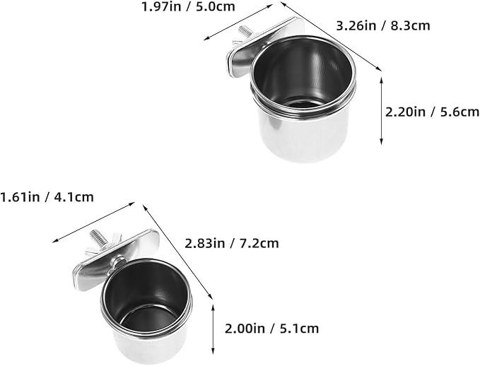 Abaodam Stainless Steel Bird Feeding Bowls with Clamp, 4.4cm and 5.5cm Cage Hanging Coop Cups for Parrot Food and Water, Compatible with Cockatiel Budgie Macaw Parakeet Cage Accessories