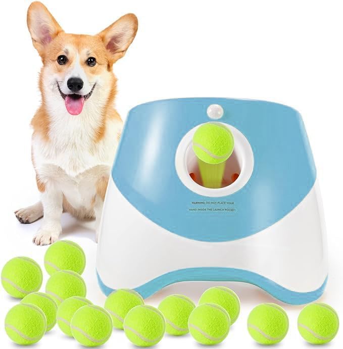 Automatic Dog Ball Launcher, Dog Ball Thrower Machine with 10-30Ft 3 Launching Distance, Interactive Toys for Small Dogs Indoor & Outdoor with 15 Mini Tennis Balls (2 inch) -Blue