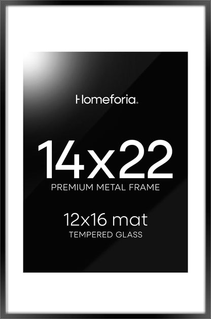 Homeforia 14x22 Picture Frame Black, High End Metal 14 x 22 Poster Frames with Mat 12 x 16 for Photo, 14x22 Black Frame Matted to 12x16 inch Print, 22x14 Thin Frame, Tempered Glass, Wall Kit, Set of 1