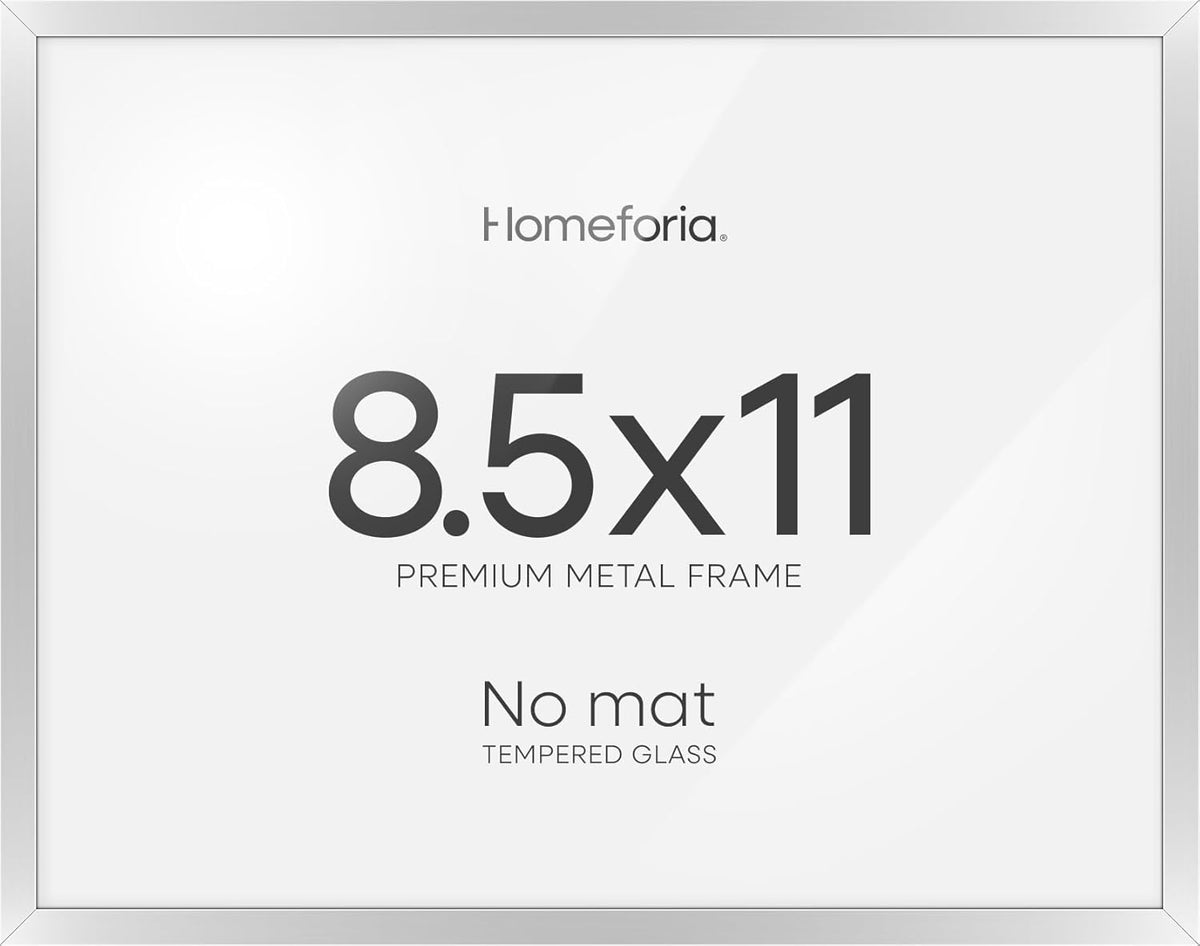 Homeforia 8.5x11 Diploma Frame Silver, High End Metal 8.5 x 11 Certificate Frames, 11x8.5 Document Frame for Wall or Tabletop, 8.5by11 Letter Size Graduation Frames, Tempered Glass, Wall Kit, Set of 1