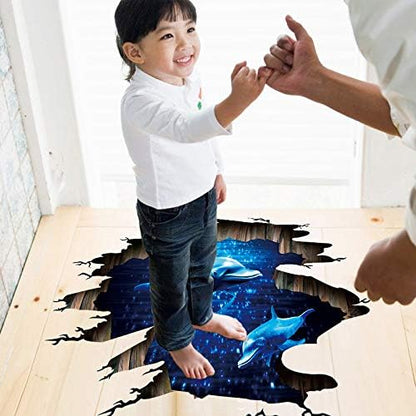 Quanhaigou 3D Wall Decals Stickers Wall Murals Wallpaper Decor for Home Floor Living Room (Blue Dolphin)