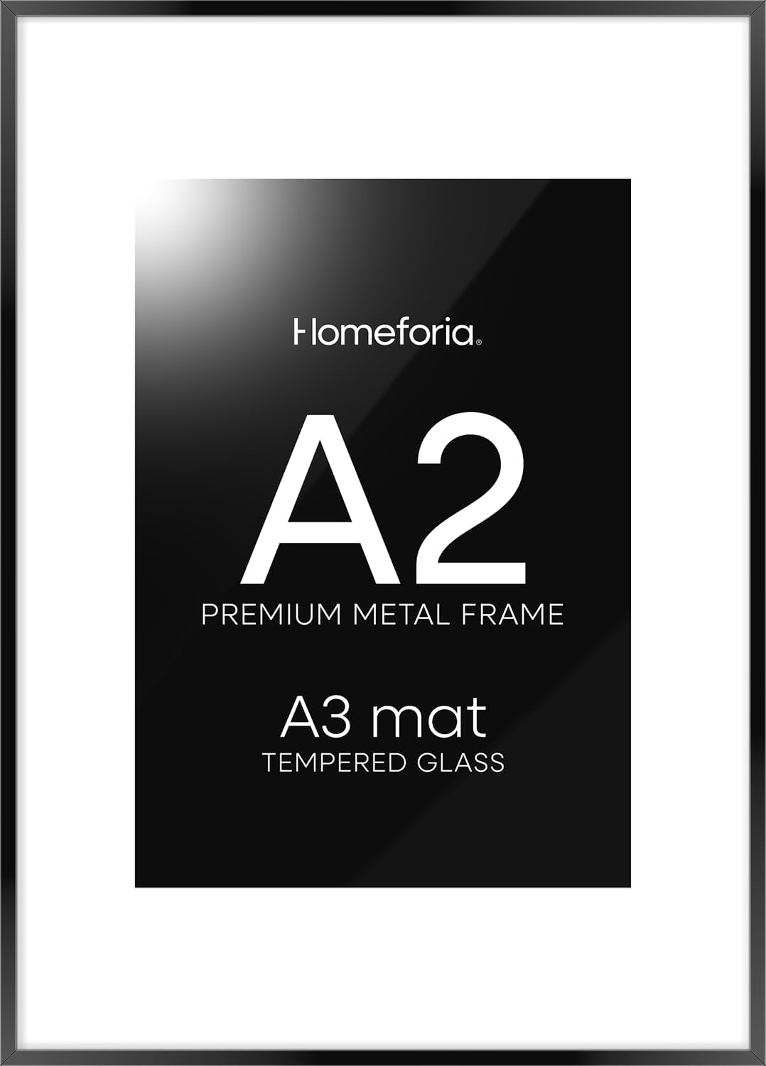 Homeforia A2 Picture Frame Black, High End Metal 16.5 x 23.5 inch Poster Frames with Mat 11.7 x 16.5 for Photo, A2 Size Frames Matted to A3 Print, 16.5 by 23.4 Hanging Frames, Tempered Glass, Set of 1