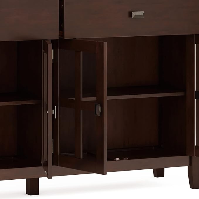 SIMPLIHOME Artisan Buffet - 60 inch Wide Solid Wood 4-Door Sideboard Buffet in Russet Brown, Transitional Storage Cabinet for Dining Room or Kitchen with Adjustable Shelves and Square Knobs